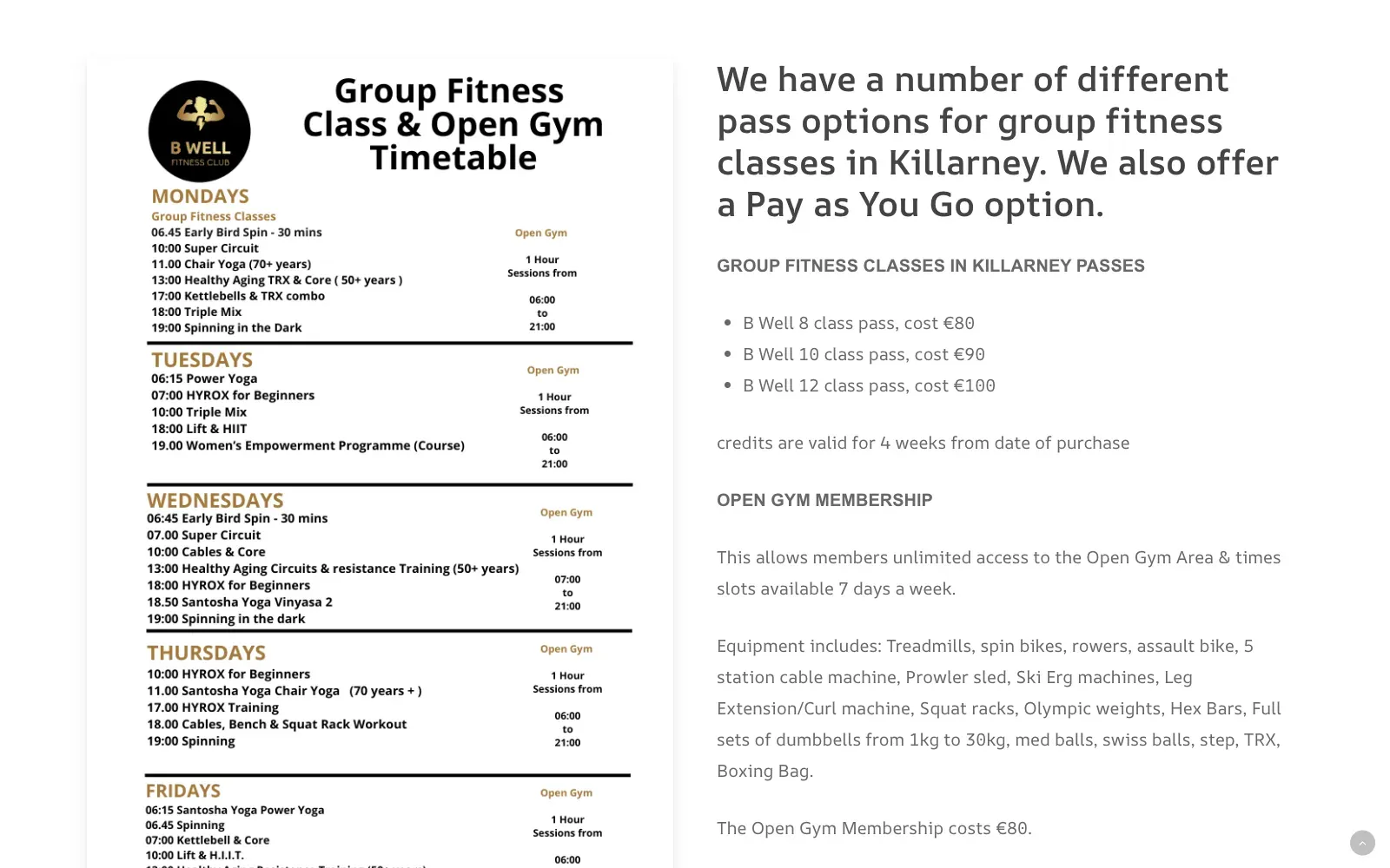 Group fitness page of the B Well Fitness Club website, showing the weekly class timetable beside the class pass and open gym membership options