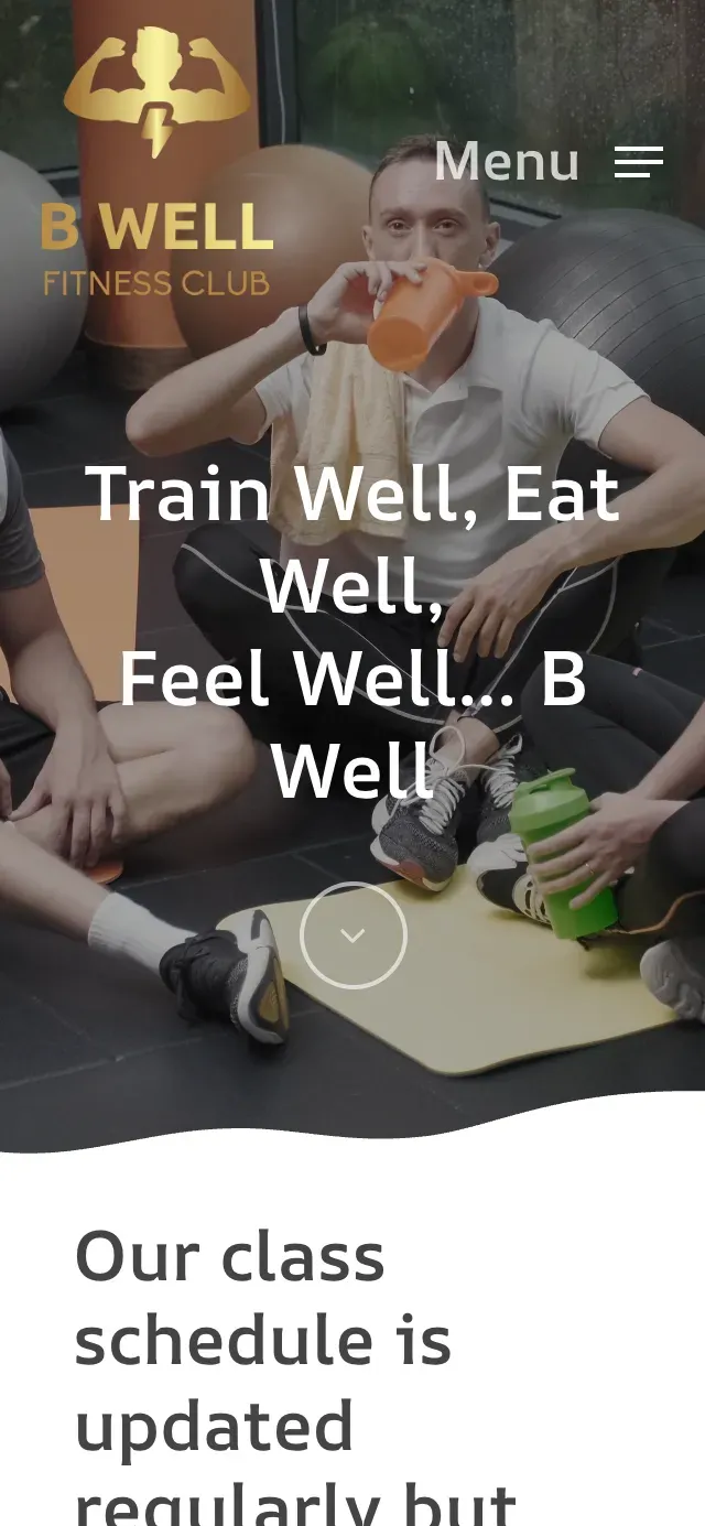 The B Well Fitness Club website shown on a mobile phone