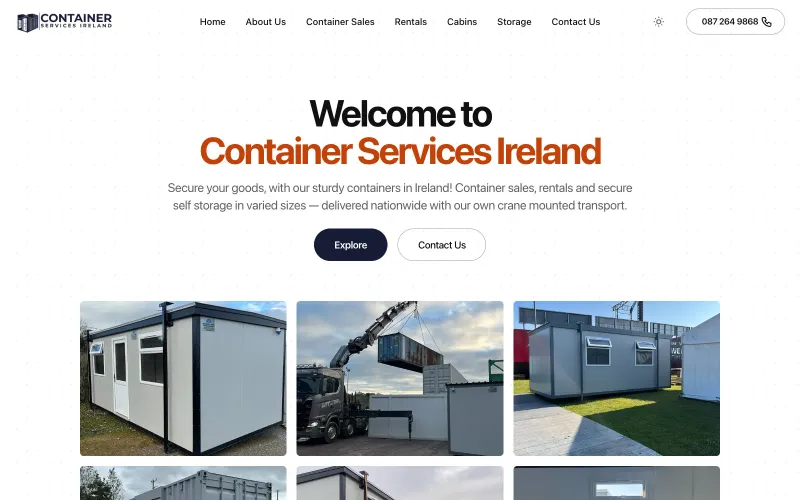 Homepage of the Container Services Ireland website, with a welcome heading and a gallery of containers and cabins