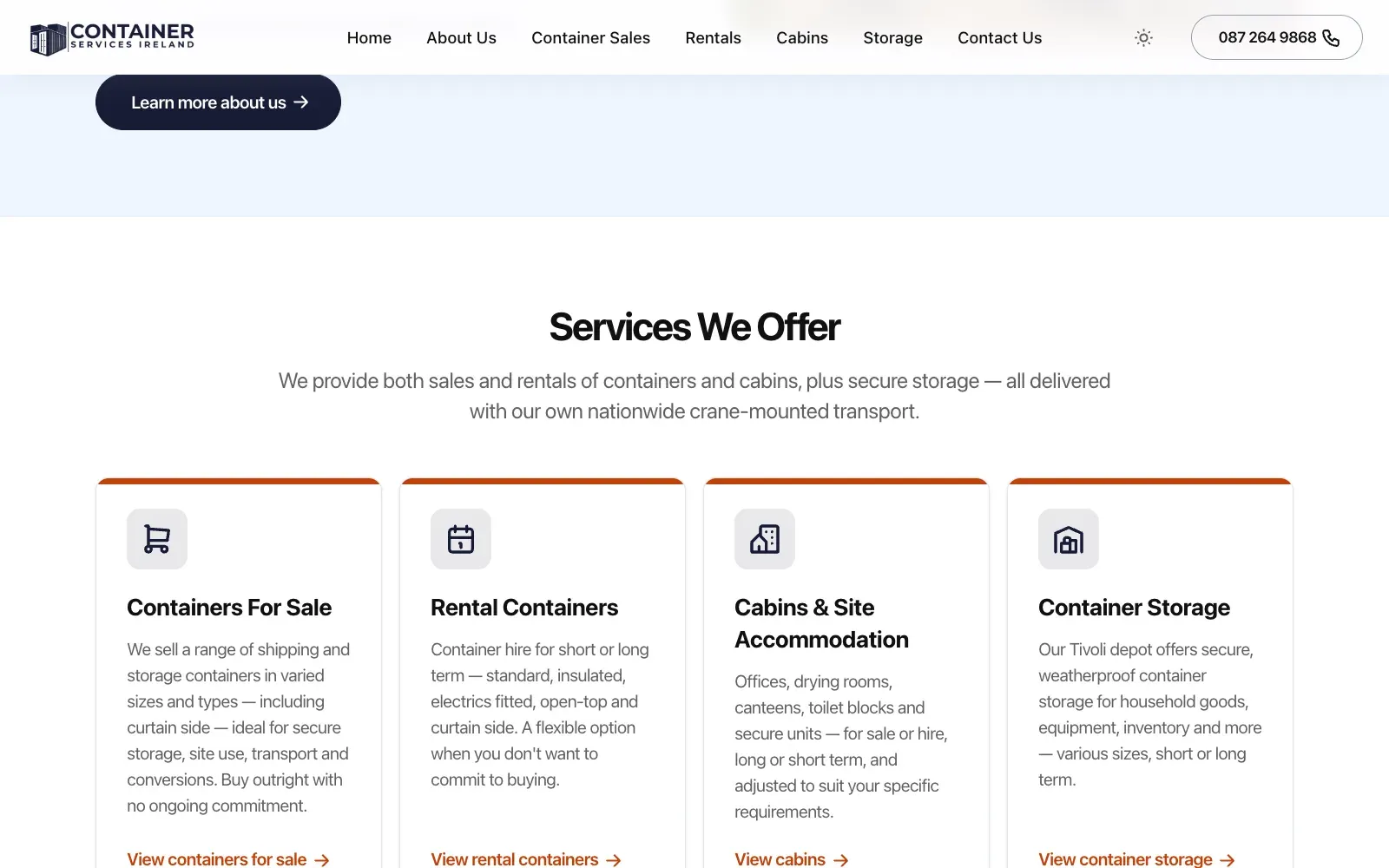 Services section of the Container Services Ireland website, with cards for container sales, rentals, cabins and storage