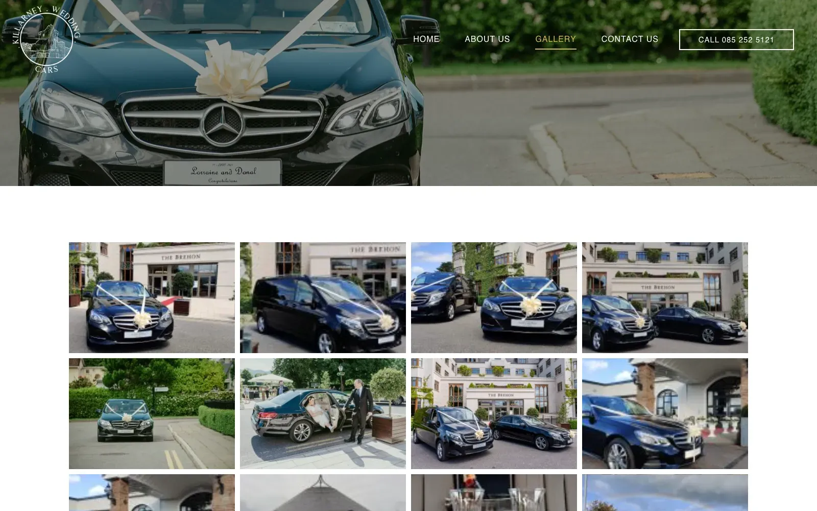 Gallery page of the Killarney Wedding Cars website, showing a grid of wedding car photographs at venues around Killarney