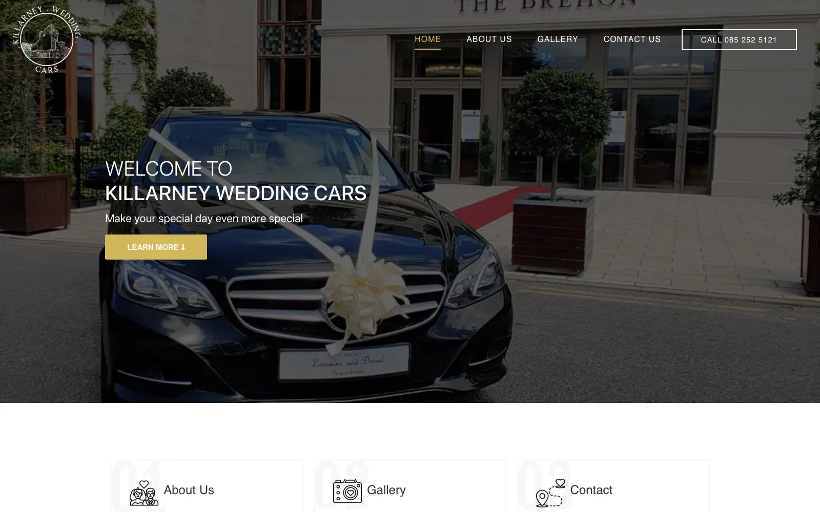 Homepage of the Killarney Wedding Cars website, with two ribboned Mercedes wedding cars outside The Brehon hotel in Killarney
