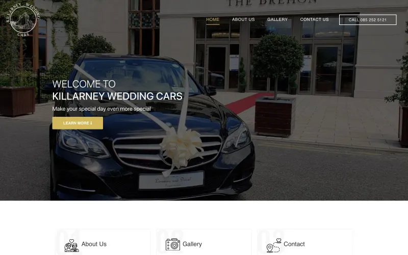 Homepage of the Killarney Wedding Cars website, with two ribboned Mercedes wedding cars outside The Brehon hotel in Killarney