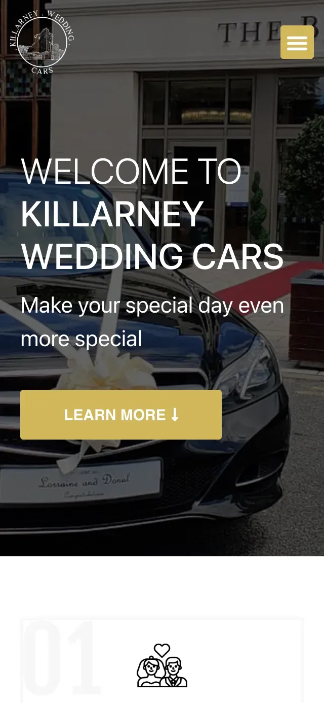 The Killarney Wedding Cars website shown on a mobile phone