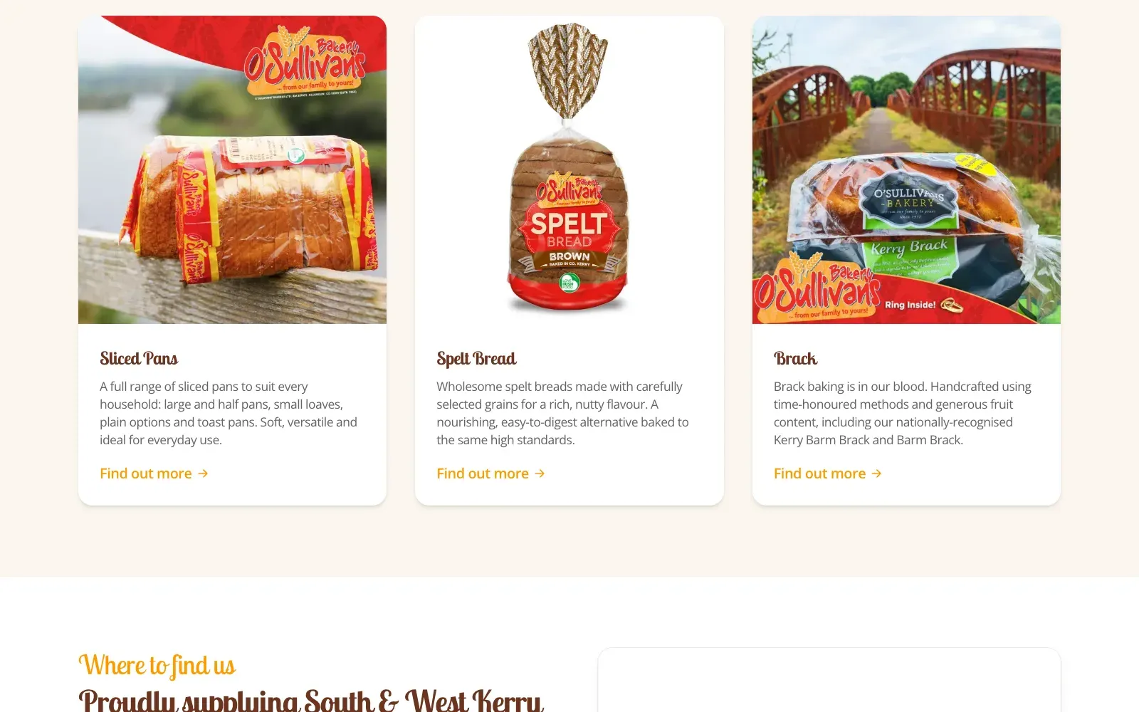 Product cards for sliced pans, spelt bread and brack on the O'Sullivan's Bakery website