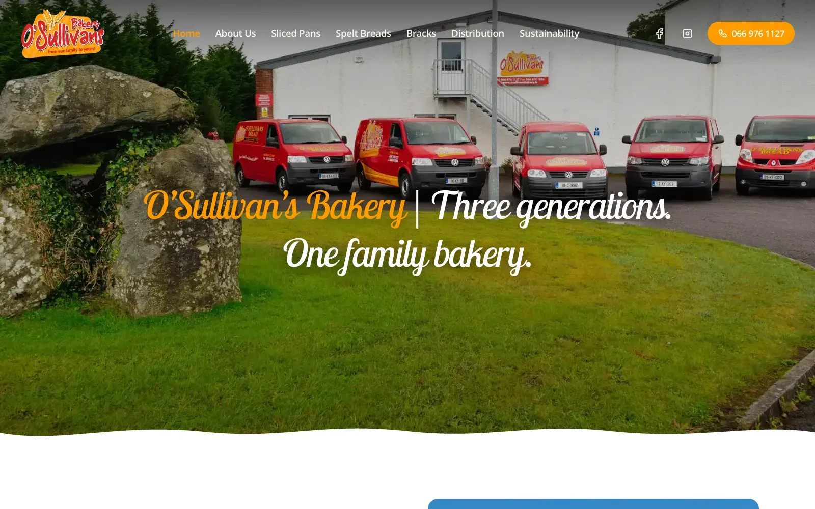 Homepage of the O'Sullivan's Bakery website, showing the fleet of red delivery vans outside the bakery in Killorglin