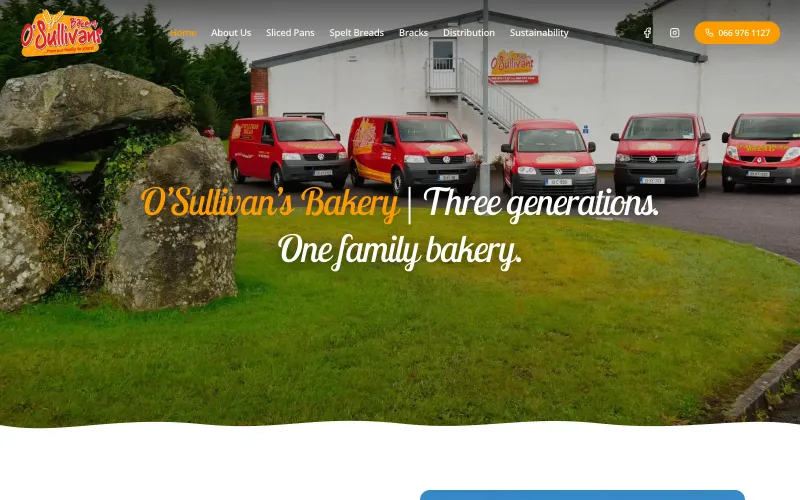 Homepage of the O'Sullivan's Bakery website, showing the fleet of red delivery vans outside the bakery in Killorglin