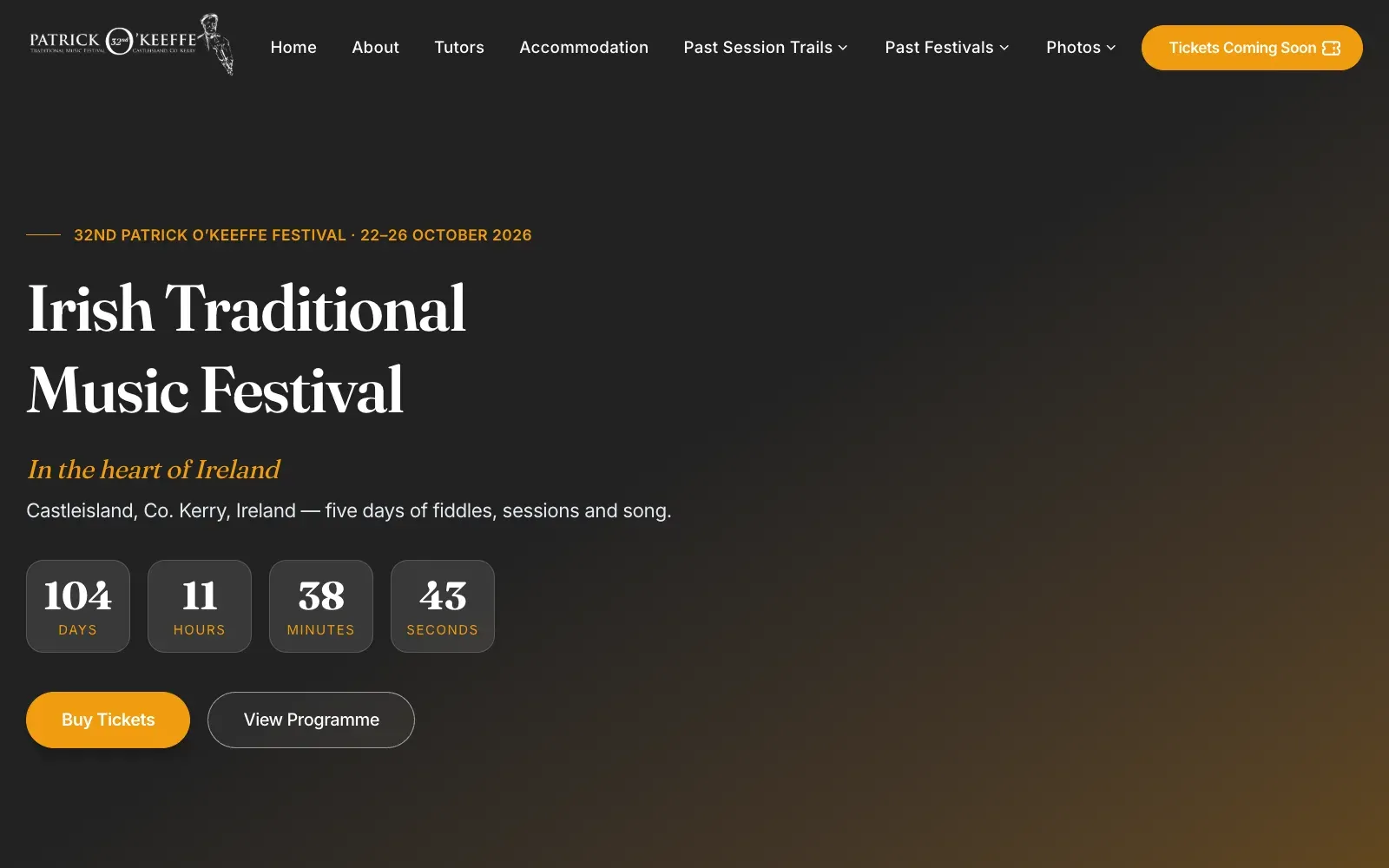 Homepage of the Patrick O'Keeffe Music Festival website, with festival dates, a live countdown and ticket buttons on a dark background