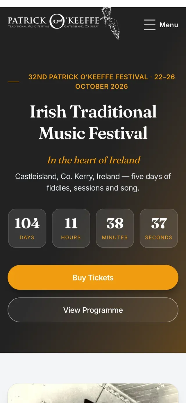 The Patrick O'Keeffe Music Festival website shown on a mobile phone