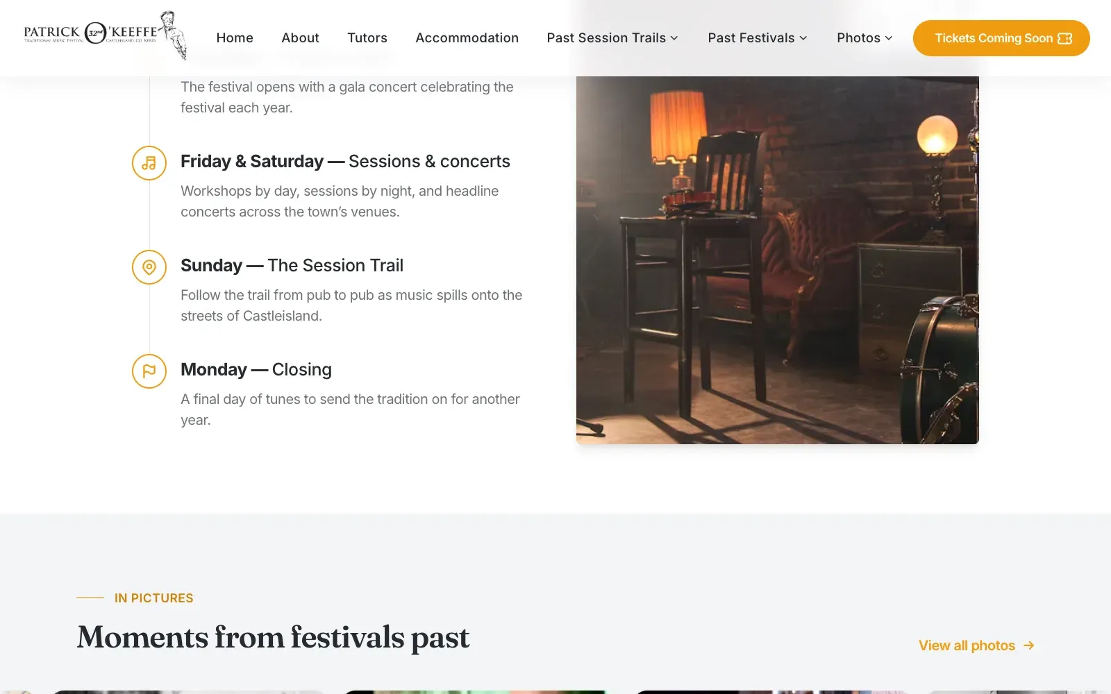 Programme section of the Patrick O'Keeffe Music Festival website, listing each day of the festival beside an atmospheric photograph