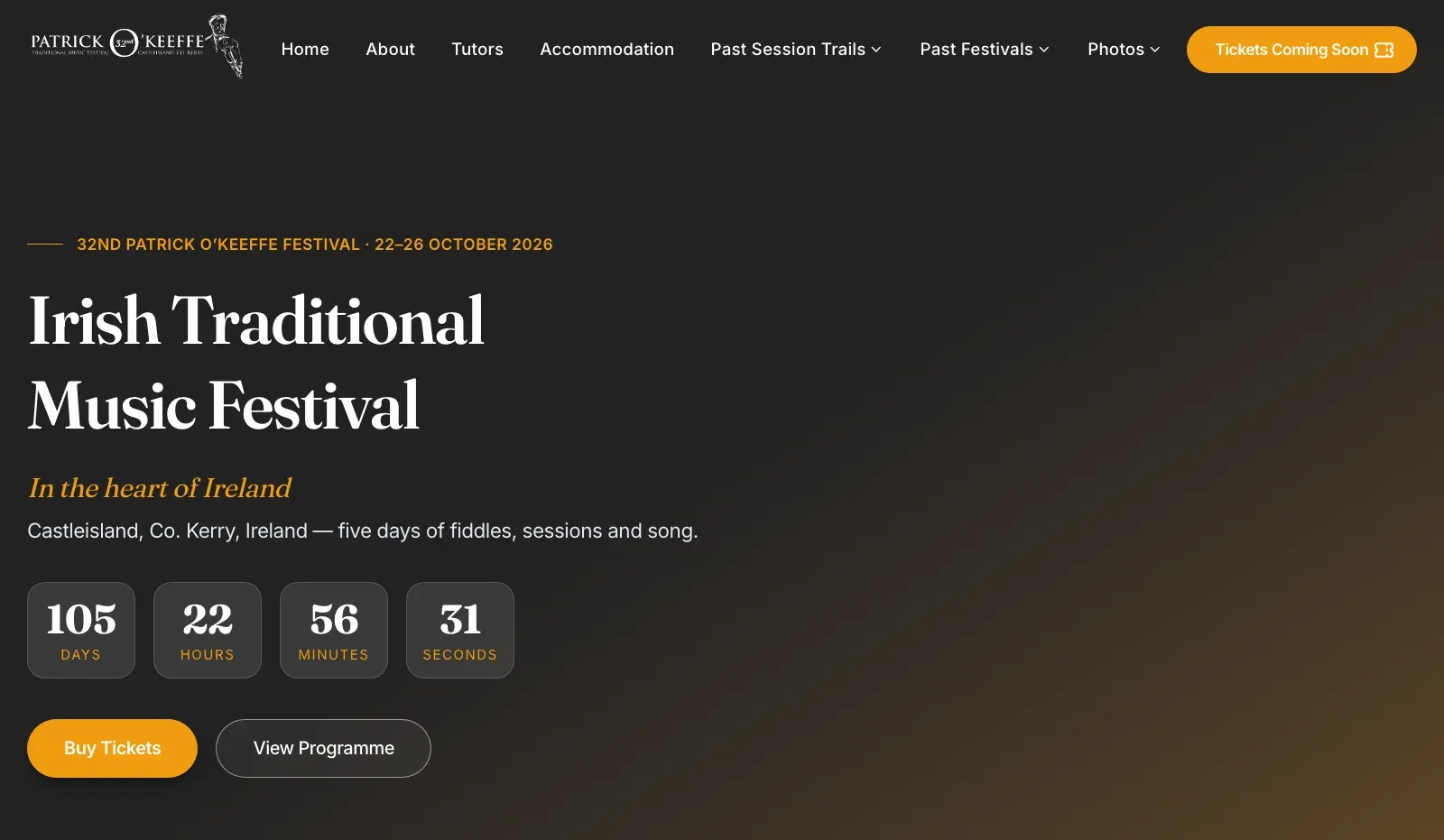 Homepage of the Patrick O'Keeffe Music Festival website built by Design My Website