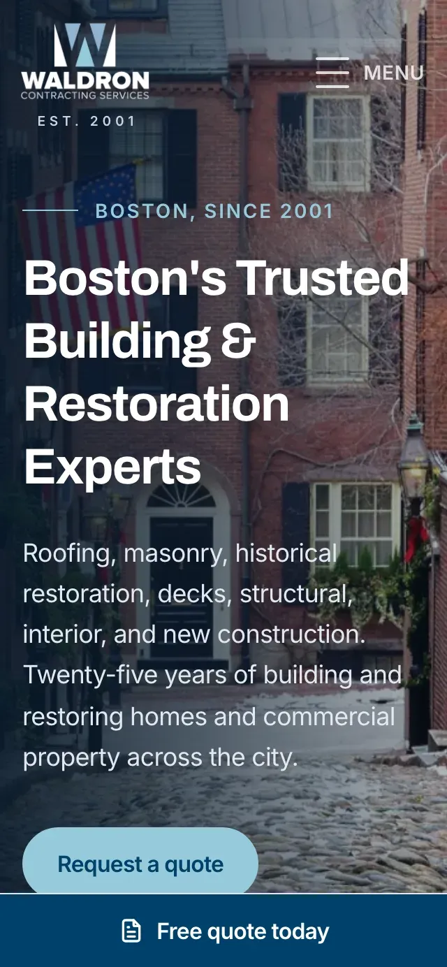 The Waldron Contracting Services website shown on a mobile phone